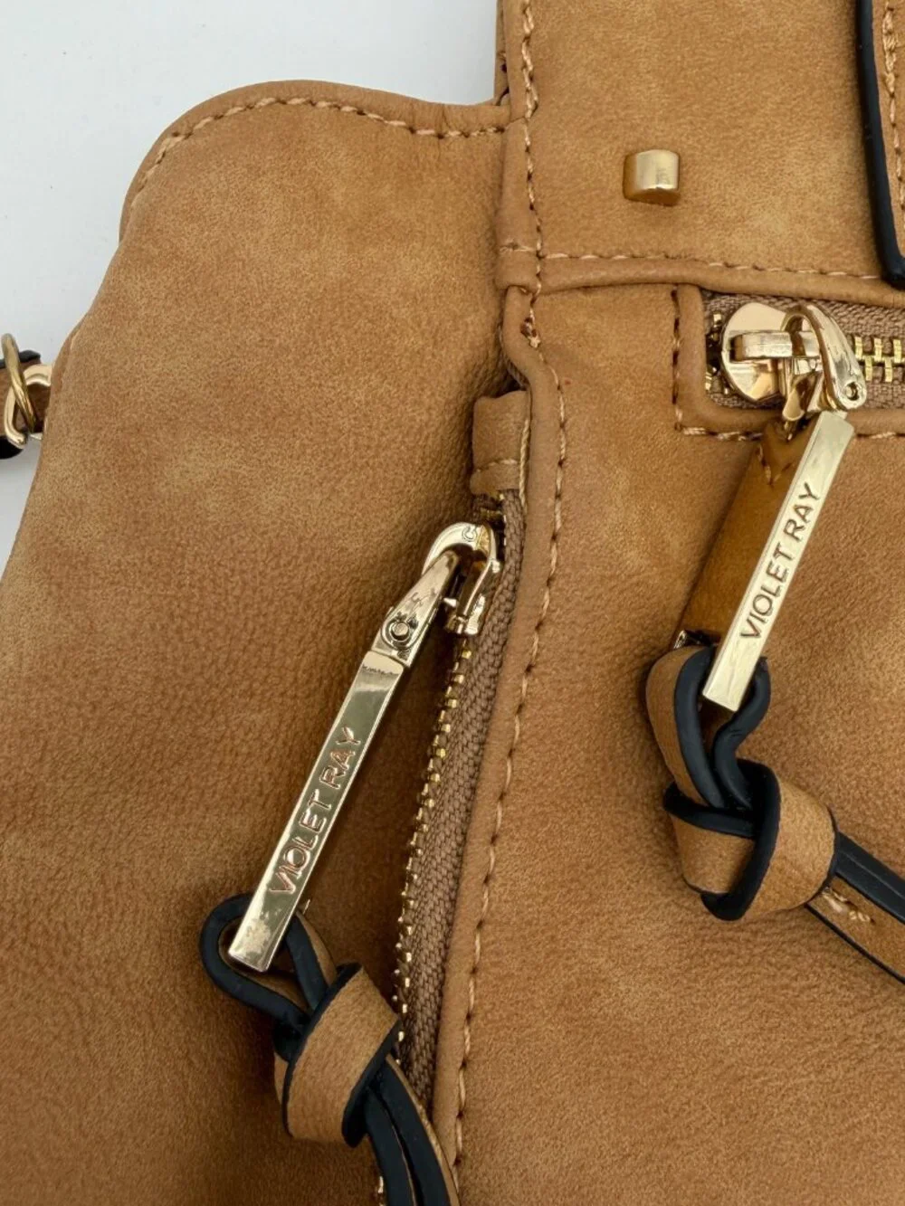 Violet Ray NY Multi-Zip Satchel Shoulder Bag - Light Brown.Elegant Everyday Tote